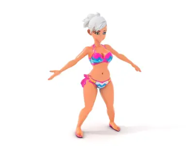 Stylized Beach Heroine Character Rigged and Animated Low-poly 3D model