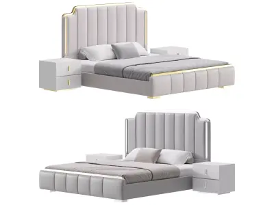 Glam Beige Upholstered Bed 3D model