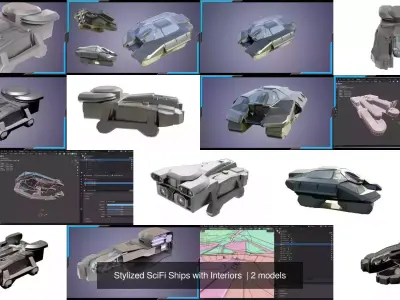 Stylized SciFi Starships with Interiors  3D Model Pack