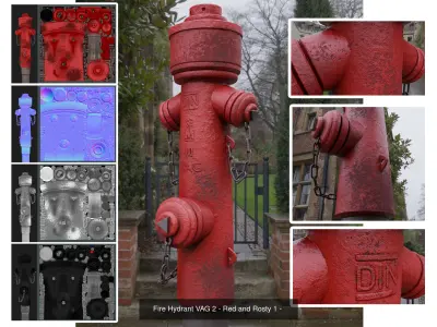 Fire Protection Set with Red Hydrants 3D Model Pack