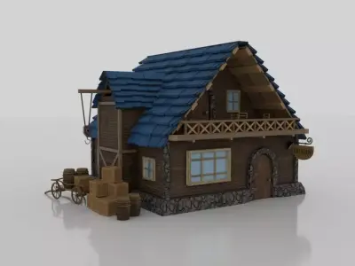 Tavern wooden house with roof Low-poly 3D model
