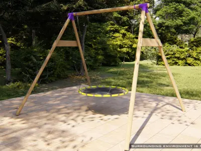 Outdoor wooden swing set with nest seat on the rope 3D model