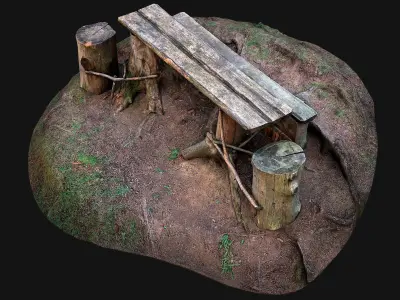 Medieval Wooden Bench and Table in the Mountains Low-poly 3D model