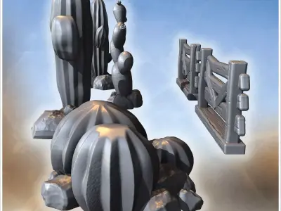 Three cactus arrangements with wooden fences including barrel pr 3D print model