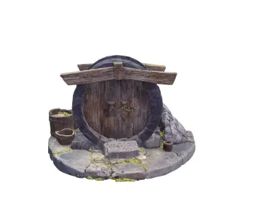 Medieval Stone Cellar Entrance with Wooden Barrel Door 3D model