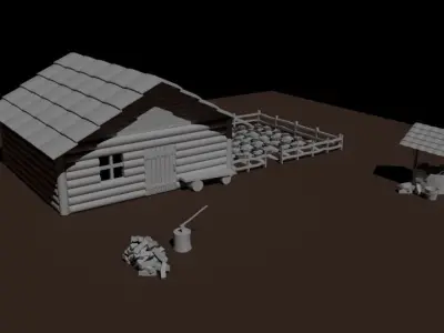 Village 3D low poly log cabin Low-poly 3D model