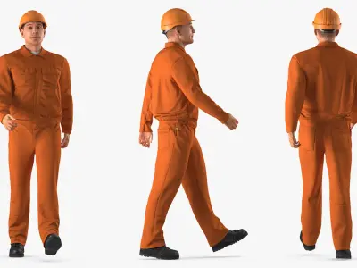  Builder Wearing Orange Coveralls Rigged for Cinema 4D 