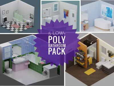 Low-Poly Bathrooms Pack - 5 Bathrooms Low-poly 3D model