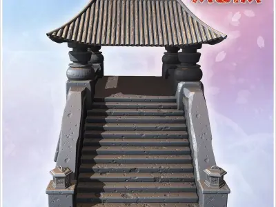 Covered stone bridge with Asian-style roof wide staircases decor 3D print model