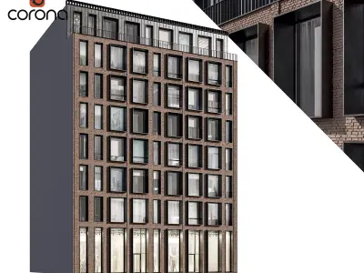 Modern residential facade 01 at night with interiors 3D model