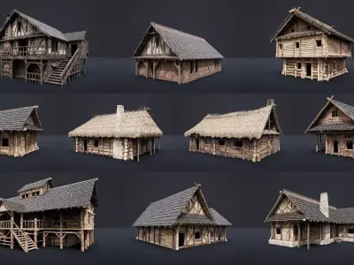 ENTERABLE MEDIEVAL SLAVIC HOUSE COTTAGE CABIN HUT VILLAGE PACK Low-poly 3D model