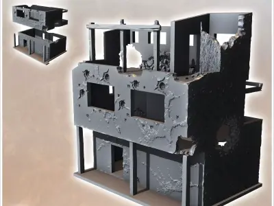 Ruined flat-roofed desert building with wooden pillars debris an 3D print model