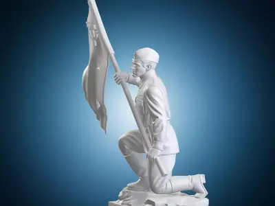 Soviet Soldier Historical Statue on Base with Flag 3D print model