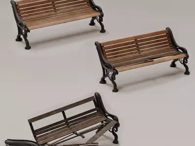Set of 3 Old Park Benches Intact Damaged and Broken PBR Low-poly 3D model