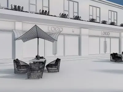 Restaurant Street with Patio Sets and Greeneries 3D model