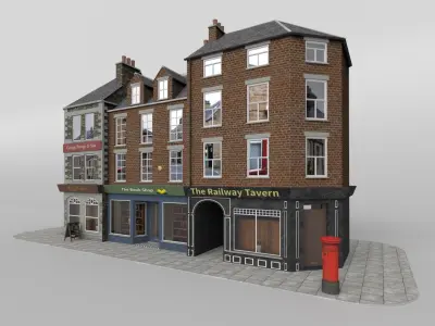 Uk town buildings with telephone and post box Low-poly 3D model