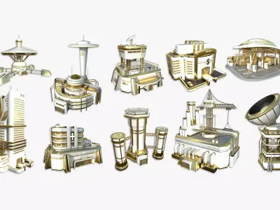 10 Sci Fi Buildings Collection K - Gold - Exterior Design 3D Model Pack