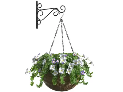 Hanging basket flowerpot rattan pot with flowers 3D model