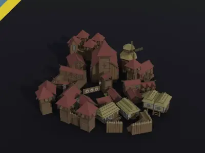 Cartoon medieval wood city asset Polygonal Style Low-poly 3D model