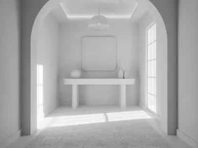 Minimalist interior with a wooden floor and a black rug Low-poly 3D model