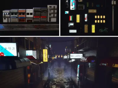 Japanese street alley Pack low-poly 3d model Low-poly 3D model
