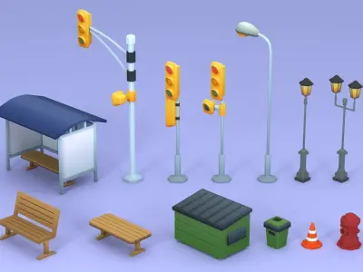 Cartoon Low Poly Street Props Pack Low-poly 3D model