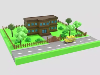 Low Poly Cartoon School Scene Low-poly 3D model