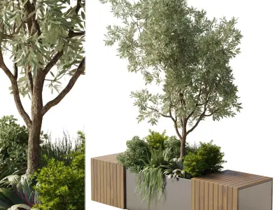 Urban Environment Urban Furniture Green Benches Plants and Tree 3D model