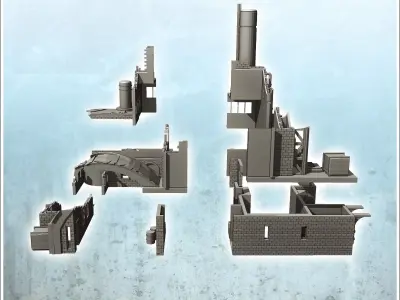 Modern brick factory with large chimney and access arch destroye 3D print model