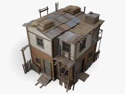 Post-apocalyptic two-story house Low-poly 3D model