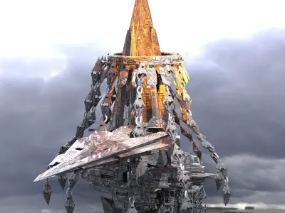 Sci fi Lava Mountain station island shard Low-poly 3D model