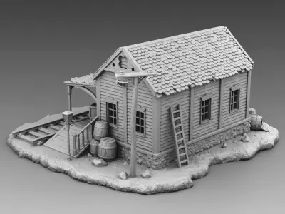 Station train with tracks and house 3D print model