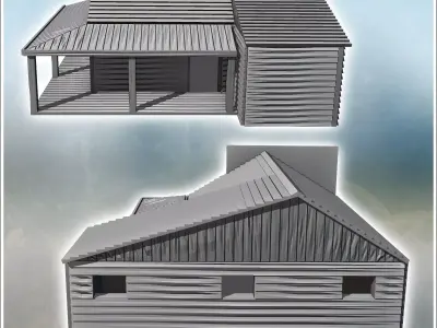 Sheriff building with multi-pitched roof awning on a wooden plat 3D print model
