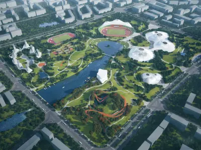 Large Urban Sports Park Masterplan with River and Domes 3D model