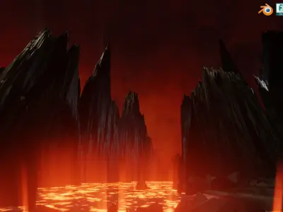 Large Scale Hell Landscape Mountains fire and flowing Lava 3D model