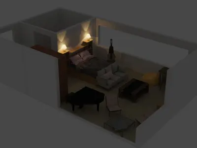 Bedroom living room with piano Free low-poly 3D model