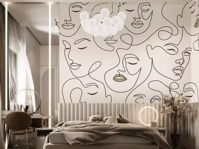 Abstract One Line Faces Mural Wallpaper Texture