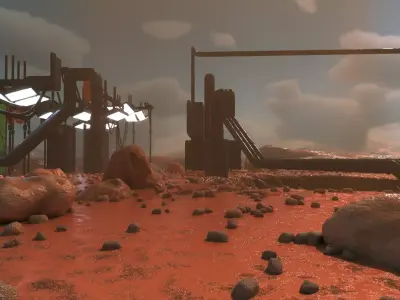 Rainy desert sci-fi landscape scene 3D model