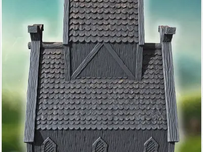 Traditional wooden hall with steep roof reinforced framework and 3D print model