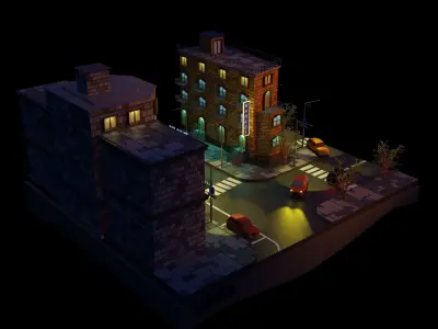 Cartoon city night street low poly PBR Low-poly 3D model