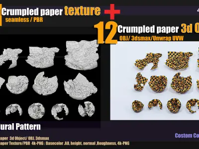 11 crumpled paper PBR texture and 12 crumpled paper 3d Object Texture