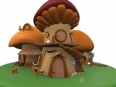 Cartoon mushroom house and props 4 3D model