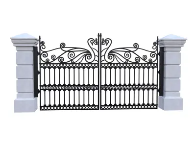 Classic Wrought Iron Entrance Gate 3D Model with Stone Columns Low-poly 3D model