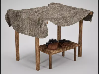 Medieval Market Stall with Pottery Low-poly 3D model
