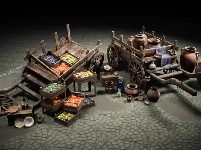 Fruit and Pottery Market Cart Pack containing Low-poly 3D model