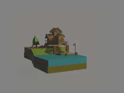 Lowpoly House on island Low-poly 3D model
