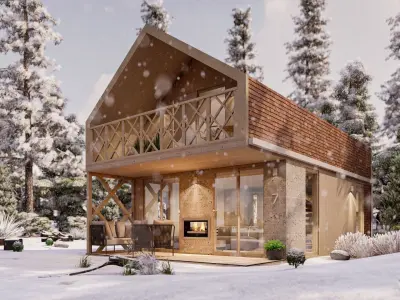 Alpine Style House Bungalow Chalet  basic blue print plans 3D model