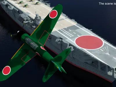  Japanese Aircraft Carrier Kaga with A6M Zero Light Deck Fighters 