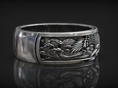 Japanese Stork Bird Sea Wave and Wind Wedding Ring 3D print model