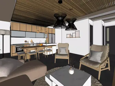 Modern rustic apartment interior  Low-poly 3D model